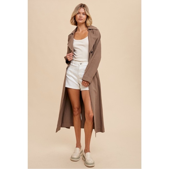 330 • Truffle Cotton Linen Blend Long Line Double Breasted Classic Trench Coat - Picture 2 of 4